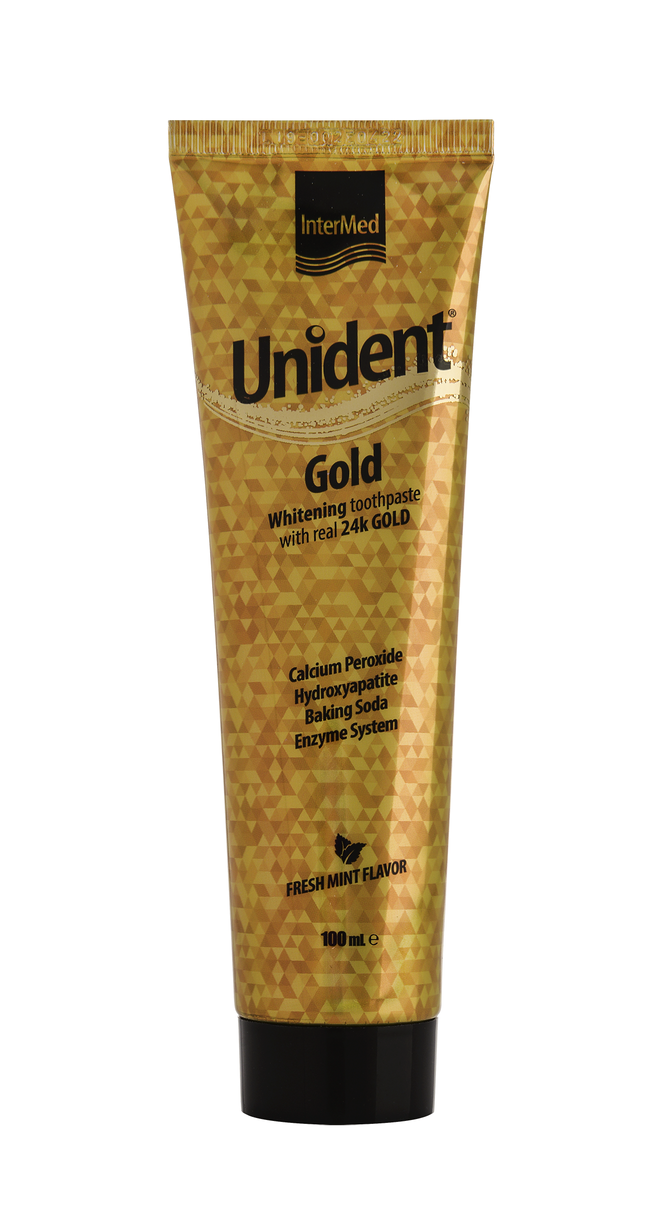 Unident gold toothpaste tube packaging