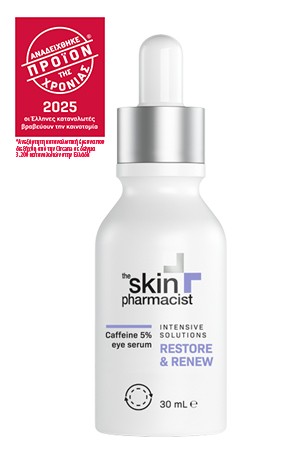Συσκευασία του προϊόντος Caffeine Eye Serum της The Skin Pharmacist με το λογότυπο της διάκρισης Προϊόν της Χρονιάς 2025.