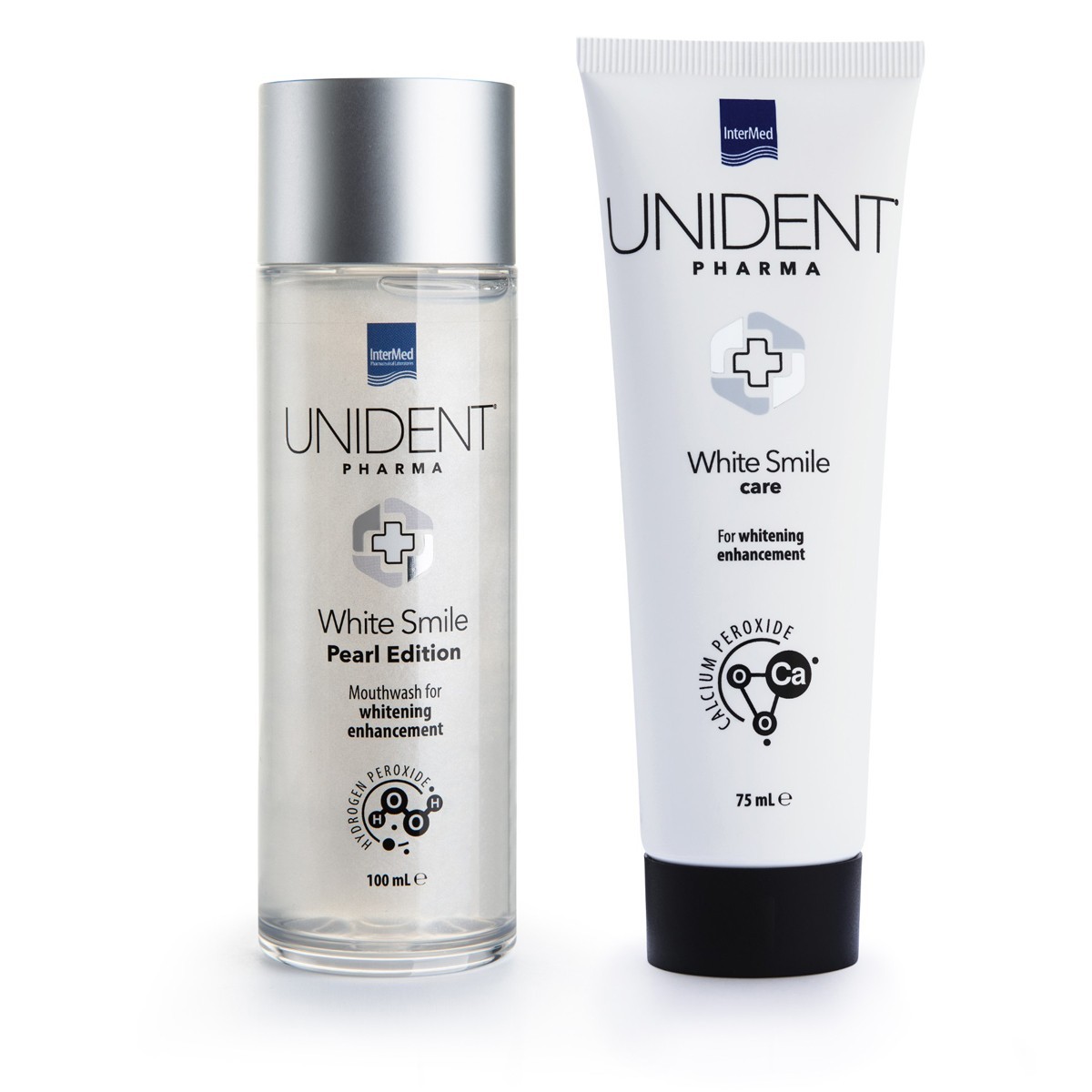 Unident Pharma White Smile Care whitening toothpaste and the Unident Pharma White Smile Pearl Edition mouthwash.