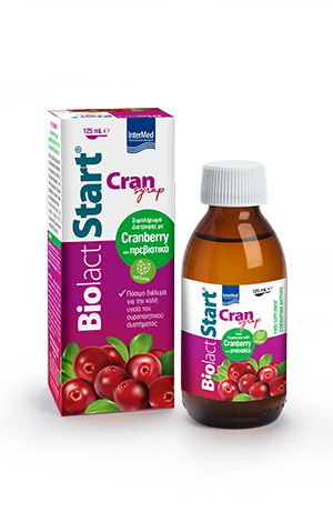 Biolact Start Cran Syrup. Complément alimentaire innovant sous forme liquide, spécialement formulé pour soutenir la santé des voies urinaires chez les enfants et les adultes.